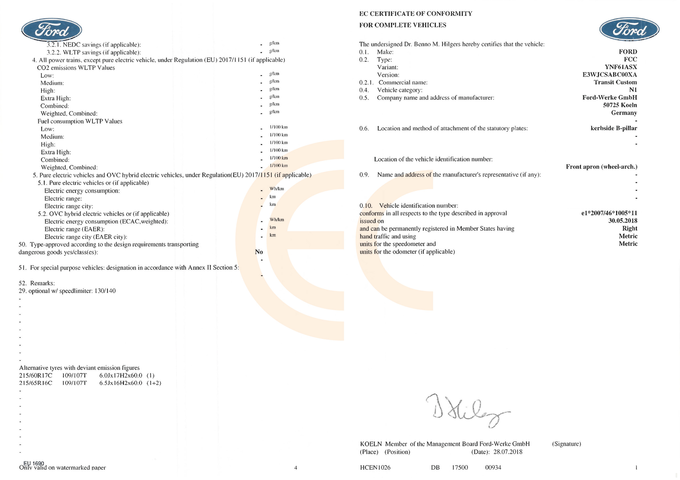 Certificate Of Conformity FORD COC FORD EUROCOC